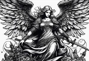 Angel with long sword on a pile of dead demons in etchwork style tattoo idea