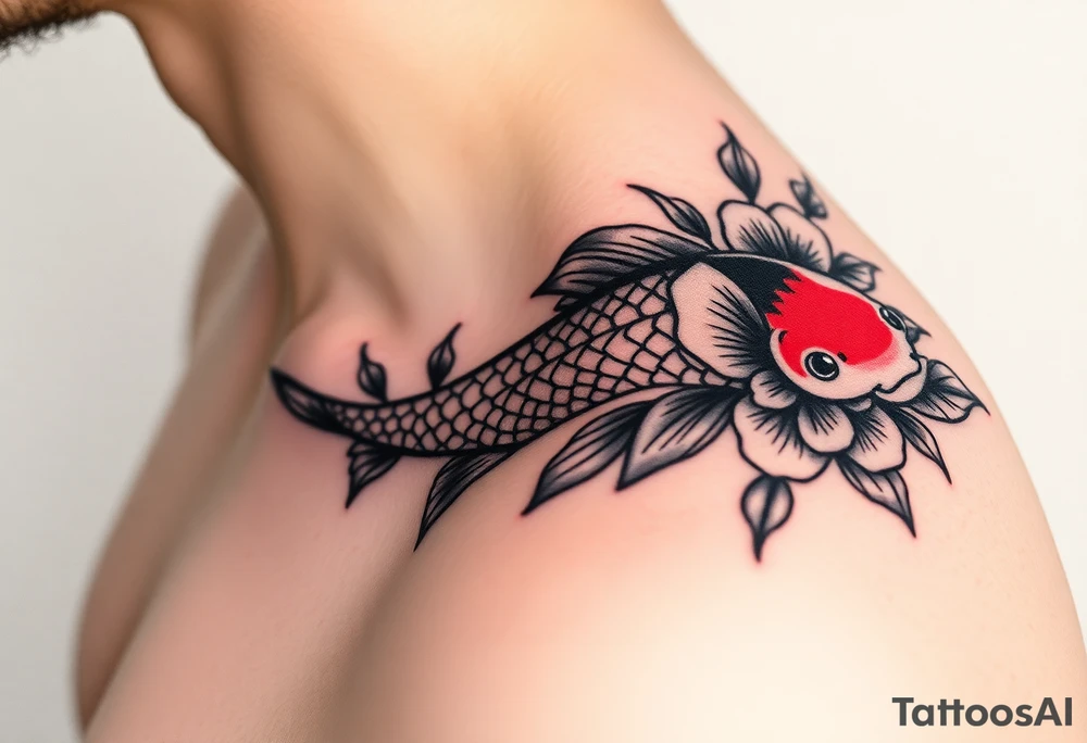 I want the tattoo starting at my collar bone, and I want it to go down my arm, but doesn’t go past my elbow. I want my middle name, Sané” on my collarbone area and I want the red and black koi fish too on my shoulder area. And I want flowers that represent healing, happiness, and peace and purity. tattoo idea