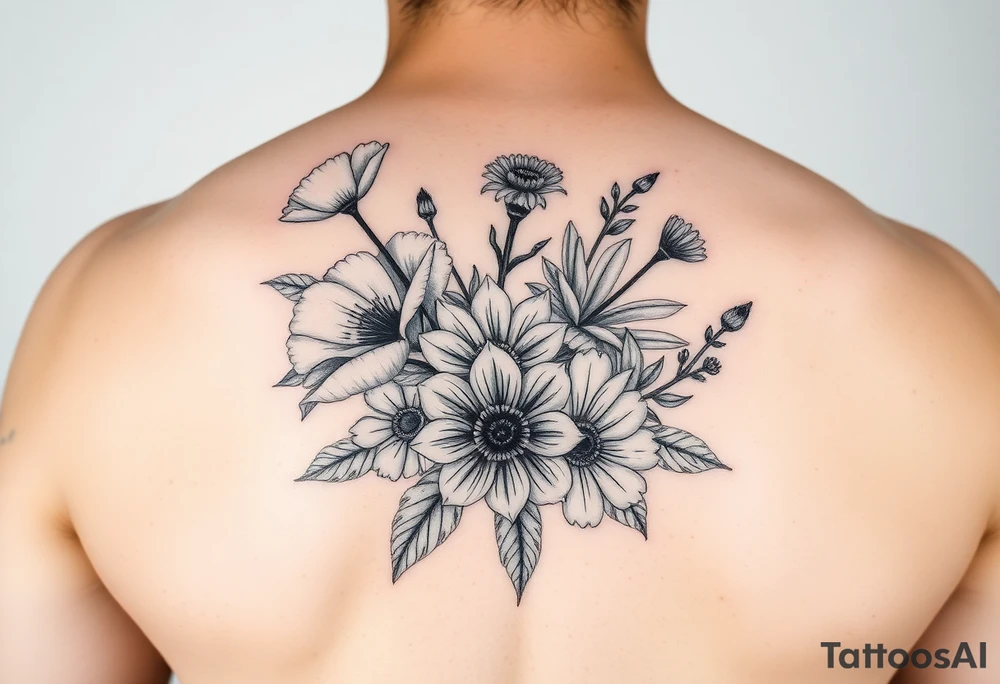 poppy, gladiolus, holly, narcissistic, poinsettia, daisy, and sweet pea tattoo idea