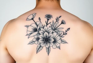 poppy, gladiolus, holly, narcissistic, poinsettia, daisy, and sweet pea tattoo idea
