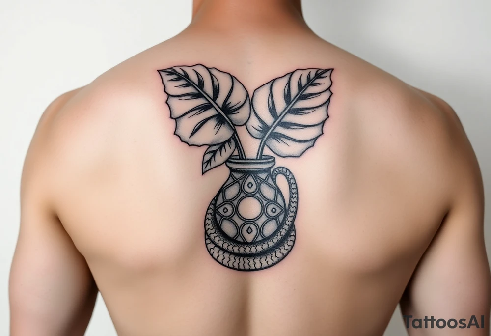 Decorative vase with monstera leaves and a snake wrapped around tattoo idea