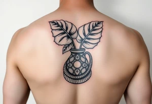 Decorative vase with monstera leaves and a snake wrapped around tattoo idea