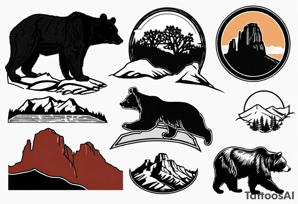 in one image, use halfmoon from  Yosemite National Park, red rocks from Bryce Canyon, angels landing from Zion National Park, a joshua tree from Joshua Tree National Park, and a black bear from Smokey Mountains and the Blueridge Mountains tattoo idea