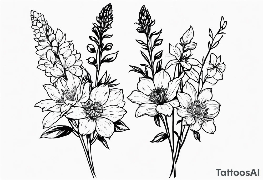 Aster and  delphinium tall bouquet tattoo idea