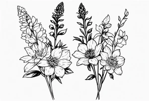 Aster and  delphinium tall bouquet tattoo idea