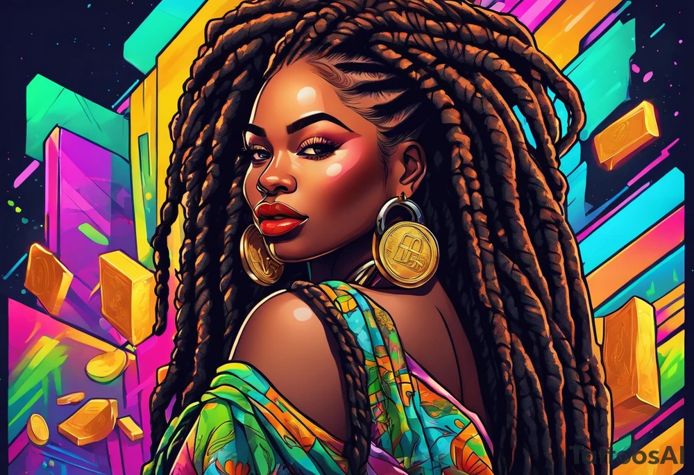 beautiful thick black women with long straight dreadlocks, new school style, holding piles of money, colorful, neon, bright, streetwear, streetstyle, urban tattoo idea
