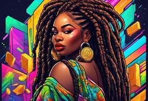 beautiful thick black women with long straight dreadlocks, new school style, holding piles of money, colorful, neon, bright, streetwear, streetstyle, urban tattoo idea