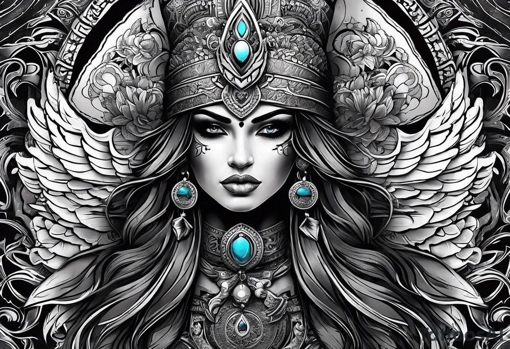 kali, goddess pirate, pachamama, warrior, skull, lotus azul, wing, eagle, zenza resonance tattoo idea