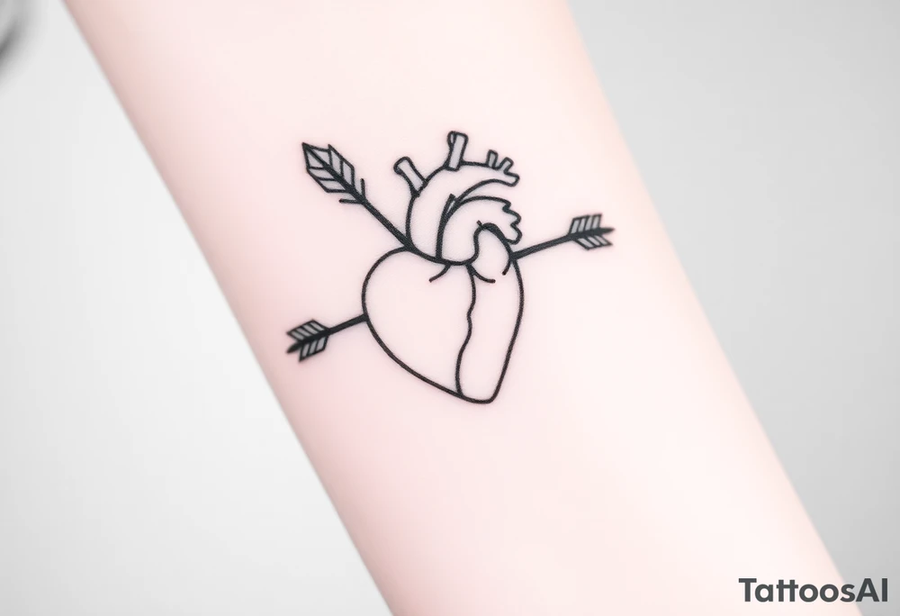 anatomical heart pierced by ornate arrow with flowing ribbons tattoo idea