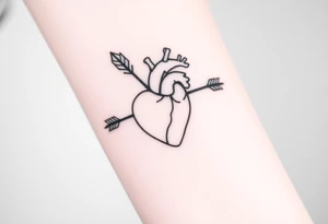 anatomical heart pierced by ornate arrow with flowing ribbons tattoo idea