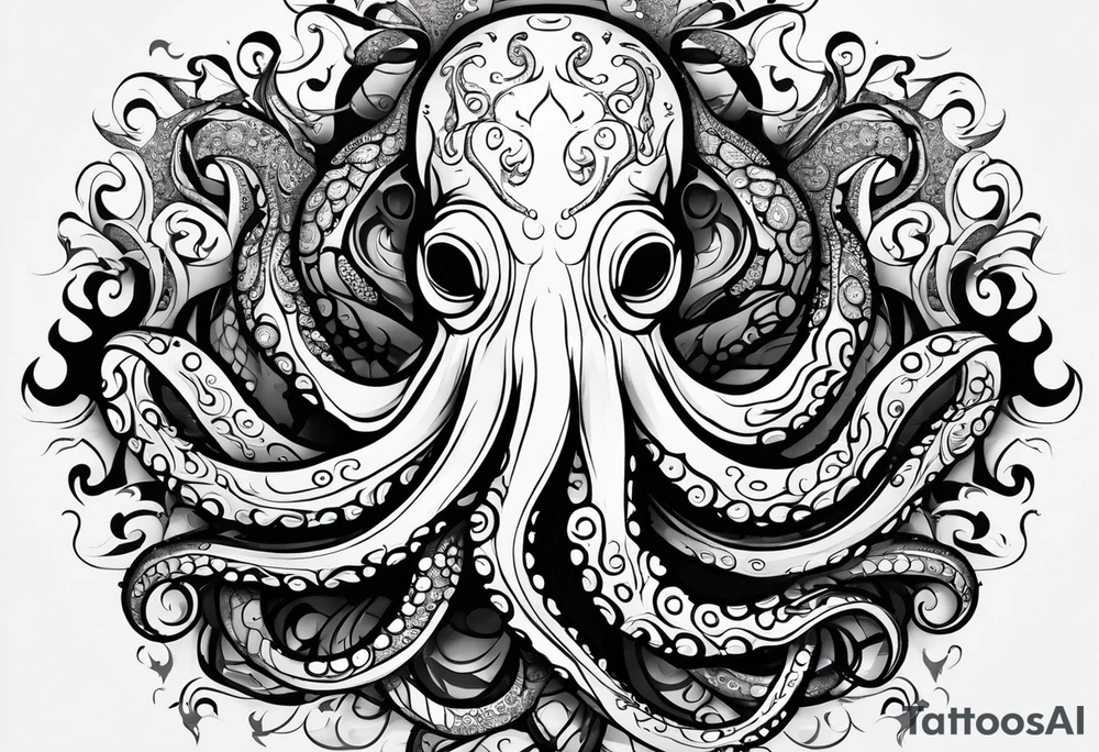 Tribal half sleeve. octopus surrounded by ribbons of water waves filled with fish. the octopus has no eyes. Use thick lines only with less detail. tattoo idea