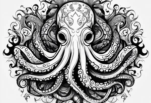 Tribal half sleeve. octopus surrounded by ribbons of water waves filled with fish. the octopus has no eyes. Use thick lines only with less detail. tattoo idea