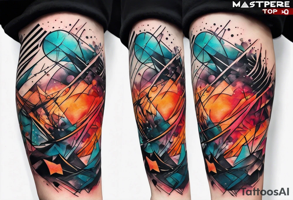 large forearm tattoo with lines, splatters, circles tattoo idea