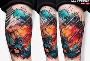 large forearm tattoo with lines, splatters, circles tattoo idea