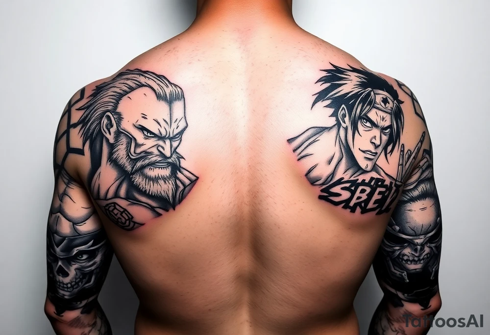 Battle royal anime sleeve with several characters from different Manga tattoo idea