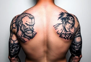 Battle royal anime sleeve with several characters from different Manga tattoo idea
