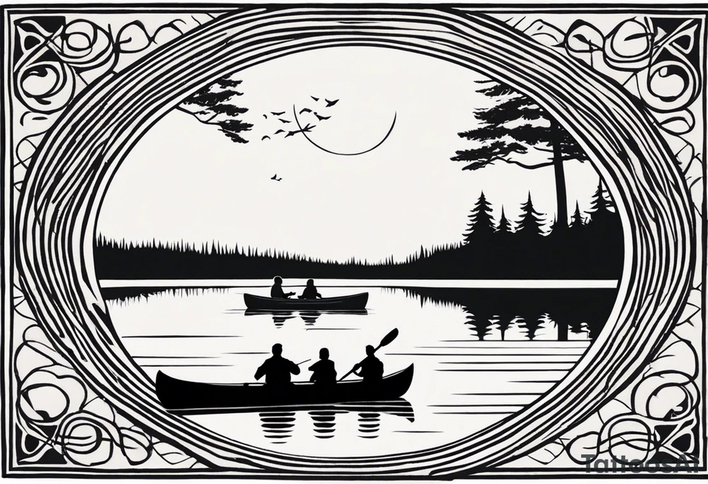 The tattoo design depicts a serene nature scene, framed within a semi-circular border. In the foreground, there are two people sitting in a canoe on a calm lake. They are paddling towards the horizon, with one person sitting at the back of the canoe and the other at the front. The back view of the people suggests a peaceful and contemplative moment shared between them.

In the background, there are majestic mountains with peaks covered in snow, creating a dramatic and picturesque landscape. The mountains are flanked by tall pine trees on either side, adding to the wilderness feel of the scene. Above the mountains, a large sun is either rising or setting, casting a tranquil glow over the entire scene. Birds are flying in the sky, adding to the sense of freedom and natural beauty.

The entire scene is rendered in a minimalist, black and white, line-drawing style, giving it a clean and elegant appearance. The semi-circular frame around the design focuses attention on the central elements and adds a sense of completeness to the image. tattoo idea