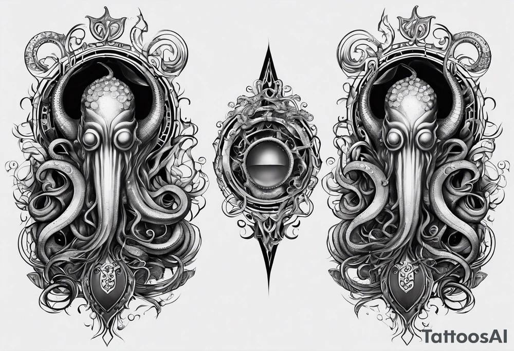 Long tattoo for forearm. Lovecraftian creature, with technological elements. Tentacles protect a heart. tattoo idea