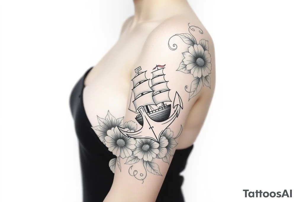 Anchor and ship hidden in floral pattern tattoo idea