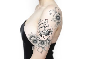Anchor and ship hidden in floral pattern tattoo idea