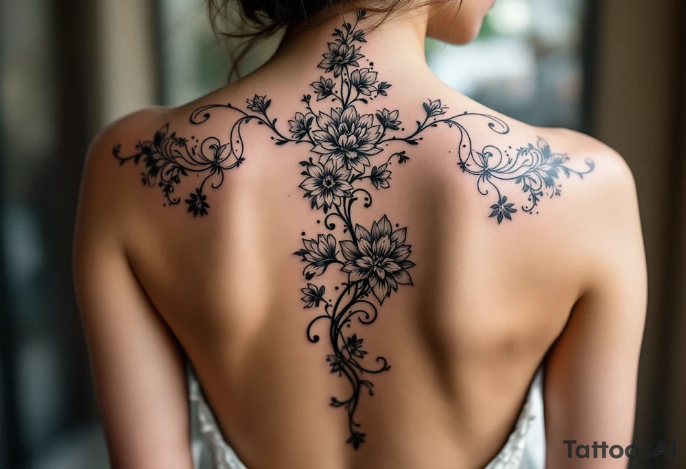 1.	Cherry Blossom Flow (Central Spine): A cascading cherry blossom flowing vertically along the spine to cover the central portion of the existing tattoo. Symmetrical patterns inspired by ornamental designs, with intricate curves and dotwork extending outward from the base of the spine. These elements should balance the floral motif and enhance the lower back area with a decorative, feminine flair.
	3.	Dotwork and Contouring: Delicate linework and dot patterns should be added around the floral design to give texture and seamlessly blend the tattoo with the surrounding skin. The ornamentation should curve naturally along the shape of the body, creating a cohesive, elegant look. tattoo idea