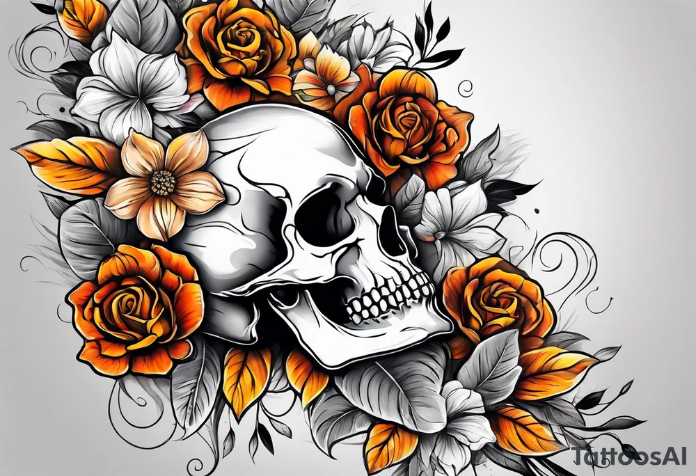 center Knee tattoo with realistic skull, various flowers, water and fall colors tattoo idea