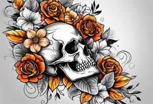 center Knee tattoo with realistic skull, various flowers, water and fall colors tattoo idea