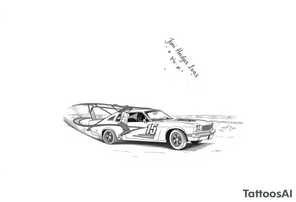I want a sleeve that starts with a beach with dale Earnhardt car on the beach with a hot blonde 80’s girl with big hair on the hood. Then an ocean with big waves then a big dark sky with the Milky Way in it and Jimi Hendrix Stratocaster in the sky tattoo idea