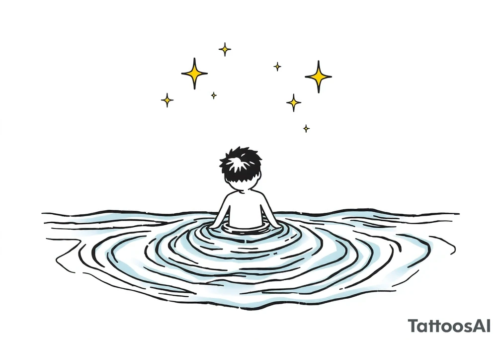 Simple line of water with a person coming out of the water with a night sky and shining stars tattoo idea