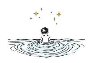 Simple line of water with a person coming out of the water with a night sky and shining stars tattoo idea