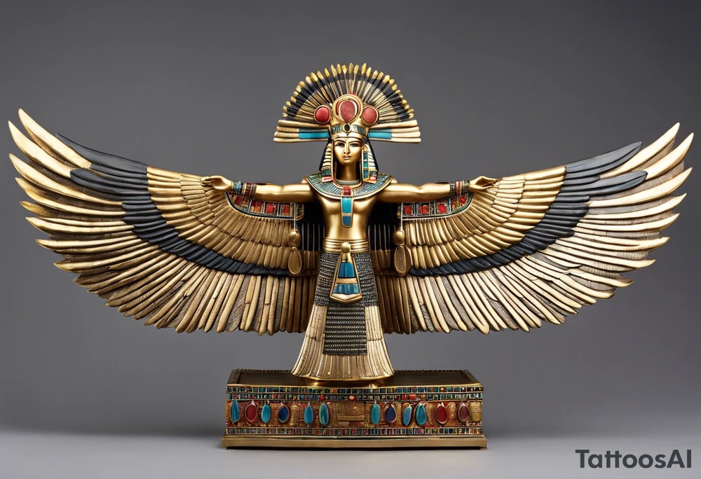 Wings: The figure has huge, extended wings that are decorated with feathers. The curve of the wings is elegant and symmetrical.

Headdress: On his head is a special headdress that resembles an Egyptian-style crown.

Clothing: The figure wears elaborate clothing decorated with geometric patterns, which refers to the characteristics of Egyptian art.

Position: The deity is depicted in a seated position with legs bent and hands resting on the outer parts of the wings as if supporting the wings with outstretched arms. tattoo idea