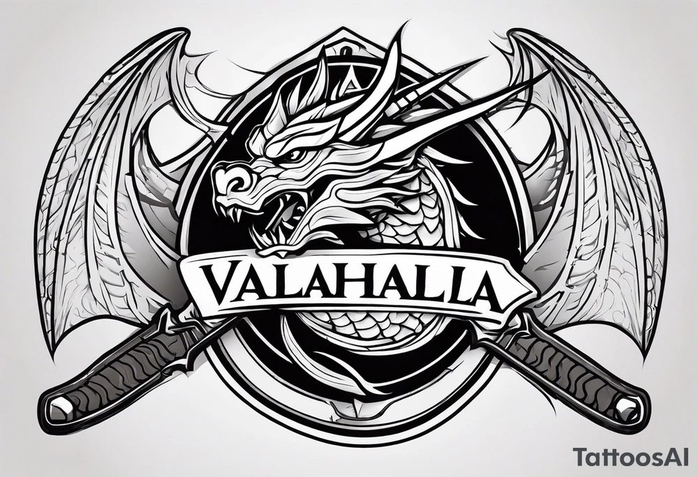 Valhalla sword shield dragon head axe tattoo idea