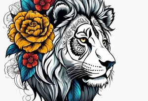 Lion, sugar skull,  flower, people shadow tattoo idea