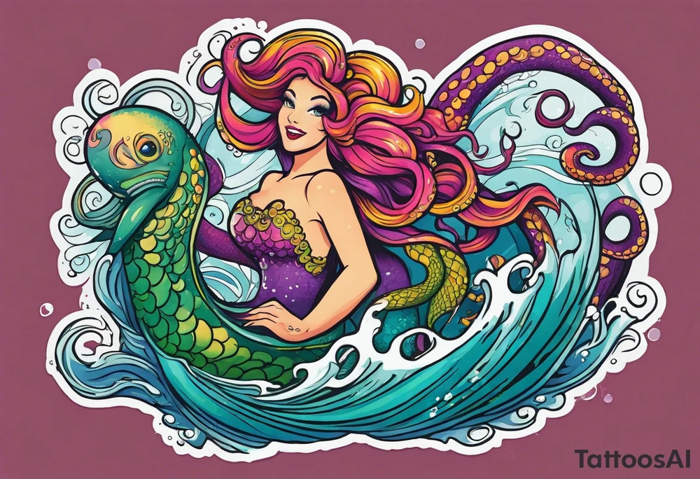 Giant octopus and mermaid frolicking in the sea tattoo idea