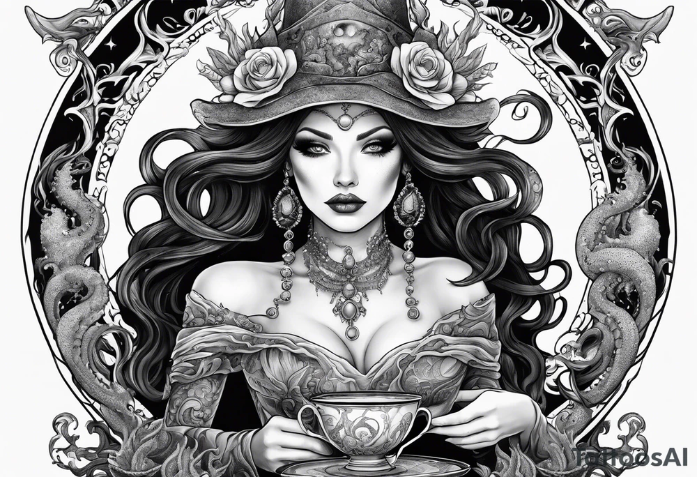 a sea witch with tentacles holding a teacup tattoo idea