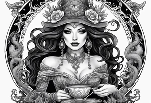 a sea witch with tentacles holding a teacup tattoo idea