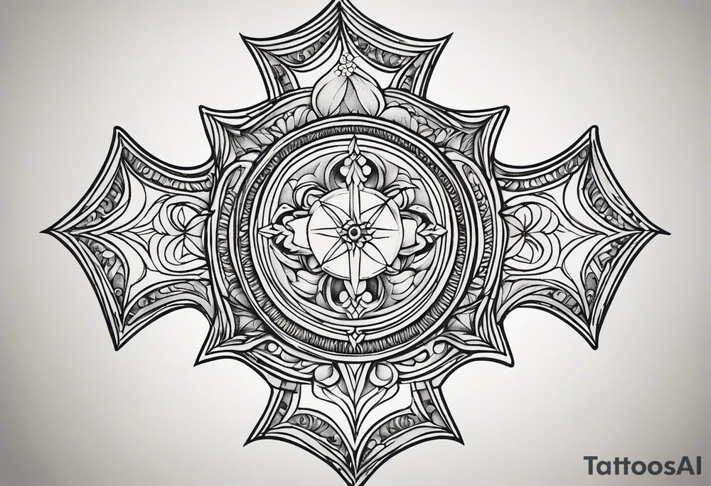 Tattoo: A refined cross with a soft halo on top of it, symbolizing light and spirituality. Delicate rays extend outward from the halo, adding a subtle glow and depth. The cross itself is simple and elegant, with potential for small, intricate line details within the design. tattoo idea