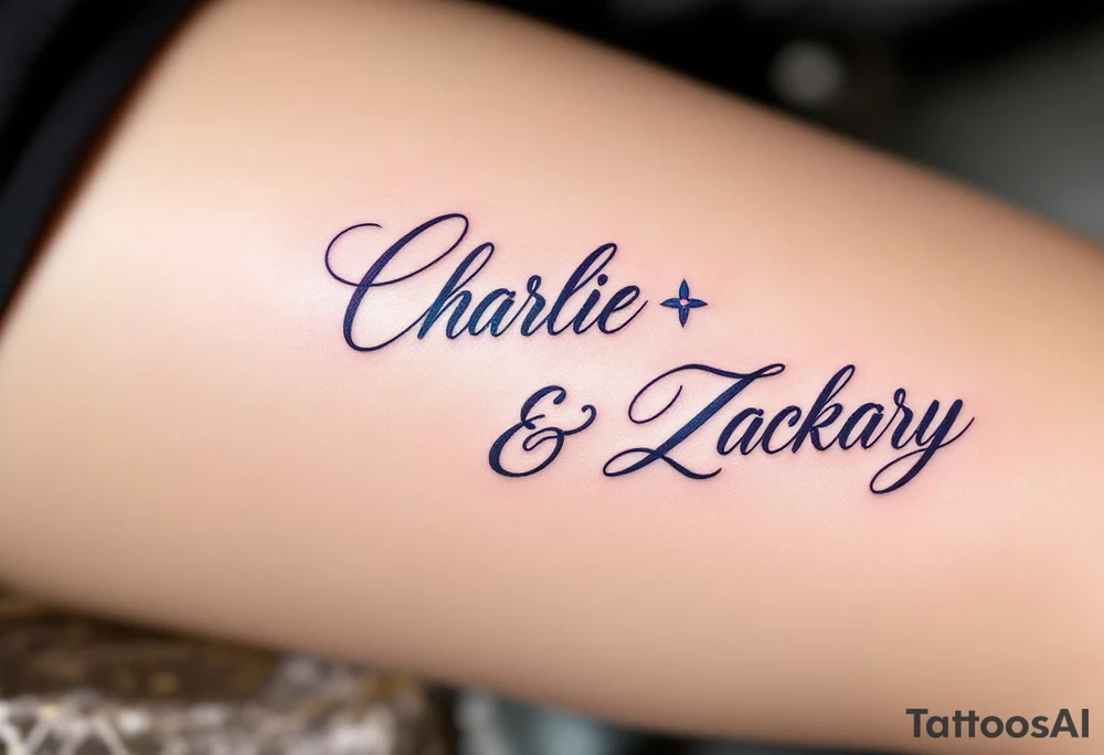 Create a delicate tattoo design that seamlessly integrates the names "Charlie" and "Zackary" in graceful, flowing cursive. Enclose the names within a softly stylized symbol that embodies strength and unity . The overall design should evoke warmth and protection while remaining refined and understated tattoo idea
