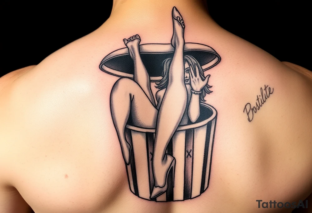 Prostitute hanging out of a trash can 
 dead with high heels and xs where her eyes are tattoo idea