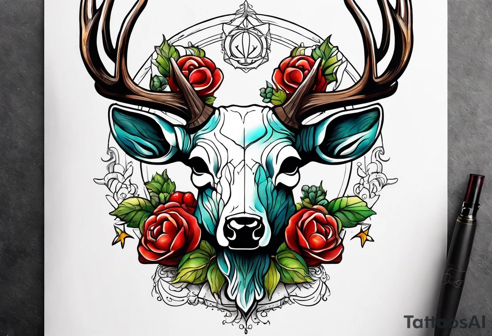 A deer skull. The astrological sign for Aries and Taurus hanging from the antlers. There should be some strawberry imagery in it also. tattoo idea