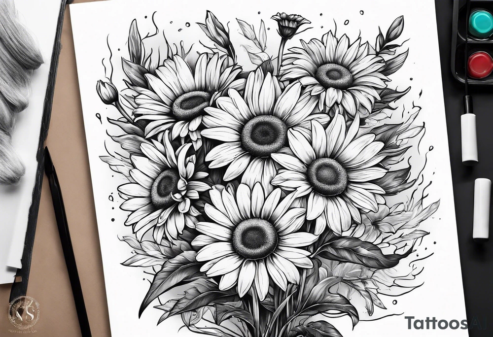 Daisy bouquet with stems and with a sunflower tattoo idea