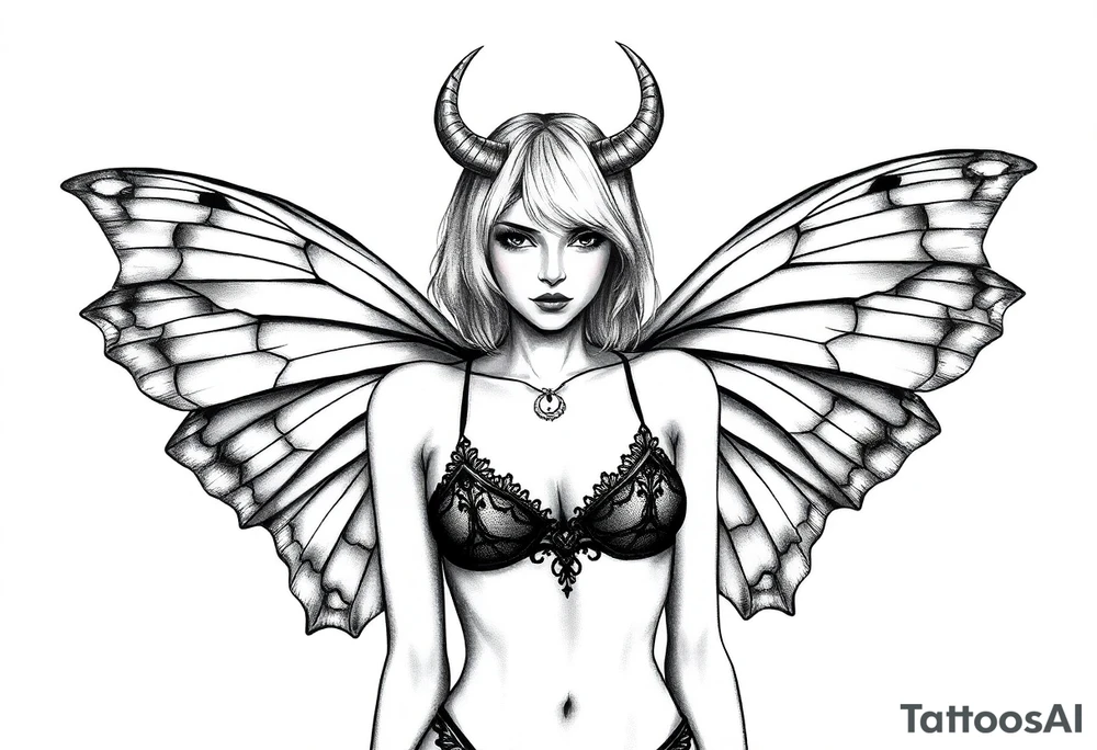 A powerful extremely sexy depiction of a start date with angel wings resembling that of a lunar moth and horns resembling the moths antennas with the son of of her head as if a Halo with two crescent men's off to each side full frontal nude with exotic see through lingerie with a sensual enticing glare short hair length of approximately 8 inches realistic tattoo idea