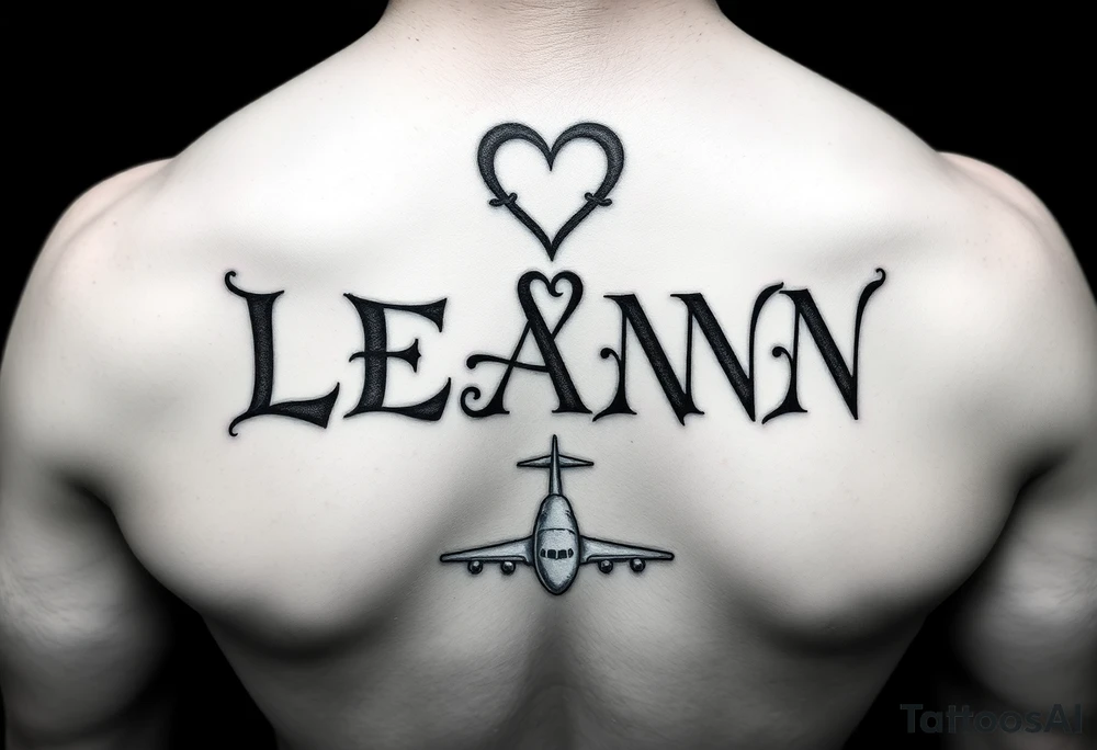 The name LEANN going down with a heart starting at the top and a plane at the bottom tattoo idea