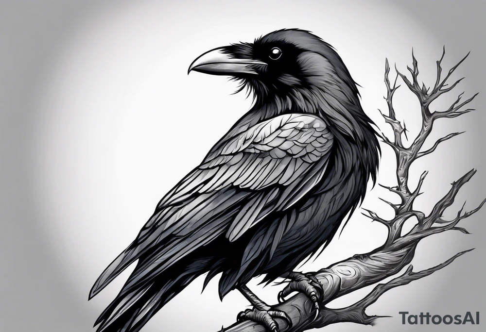 raven perched on branch tattoo idea