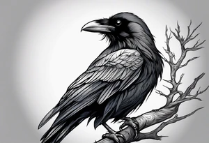 raven perched on branch tattoo idea