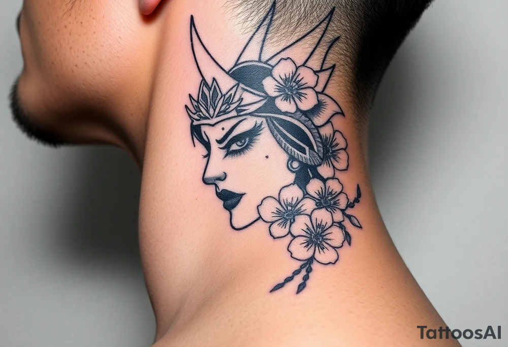Samurai women warrior face
 with a with cherry blossom with wind lotuses tattoo idea