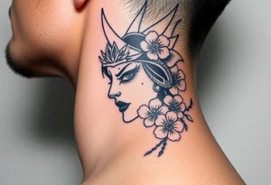 Samurai women warrior face
 with a with cherry blossom with wind lotuses tattoo idea