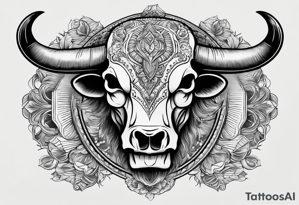 skull of a bull with a line frame, realistic, new mexico influence, simple tattoo idea