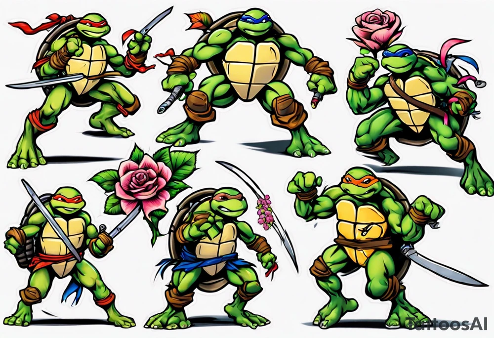 teenage mutant ninja turtles fighting with floral accents tattoo idea