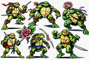 teenage mutant ninja turtles fighting with floral accents tattoo idea